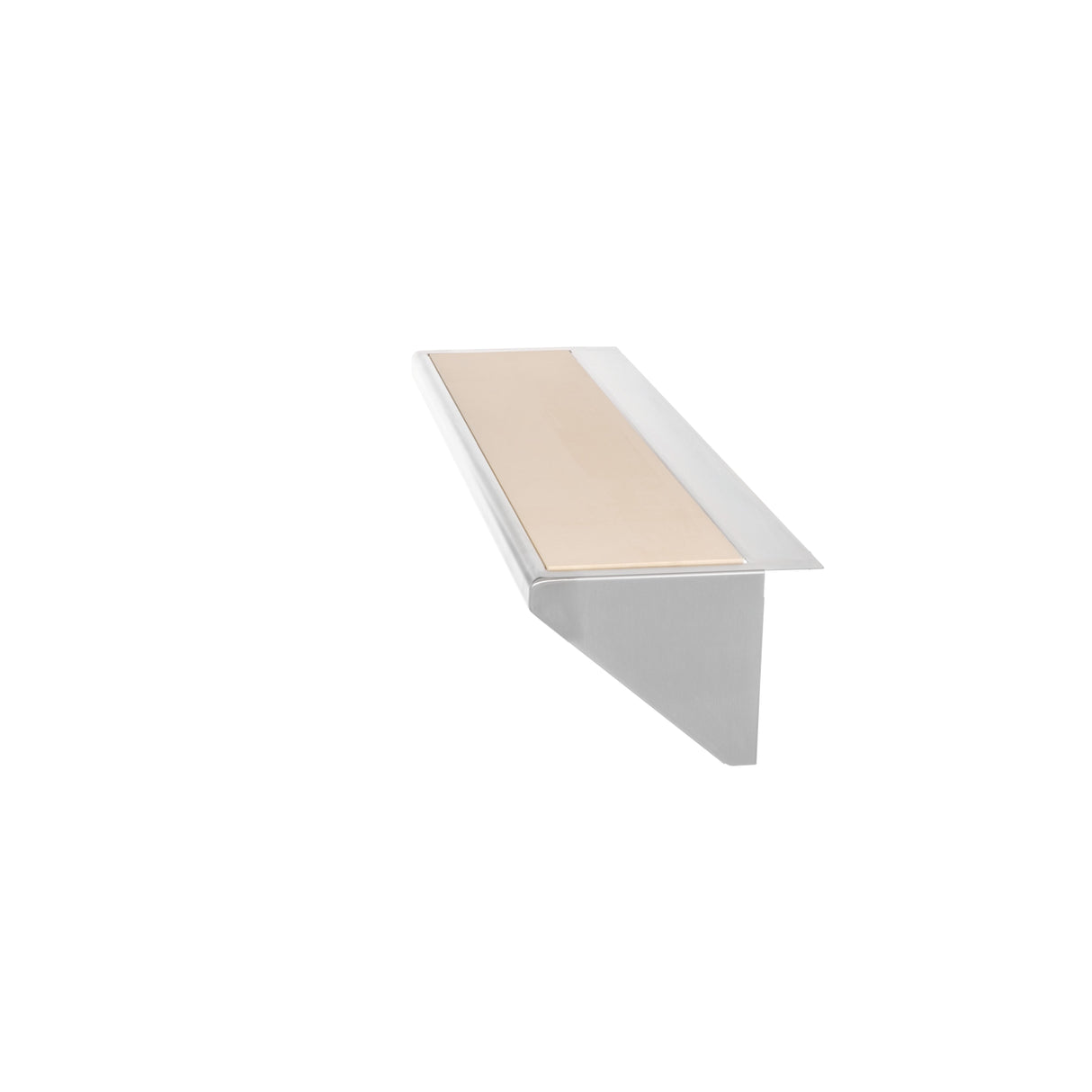 A stainless steel stair nosing with a light beige, non-slip strip on top. The nosing is angled, showing its L-shaped profile, and is isolated on a white background. The design features clean, sharp edges and a smooth metallic finish.