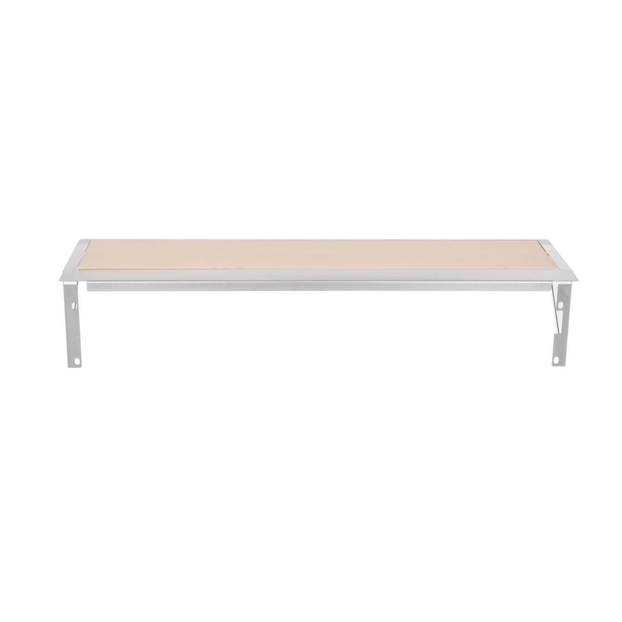 A simple wall-mounted shelf with a rectangular light wood surface and stainless steel brackets and frame, shown against a plain white background. The design is minimalist and functional.