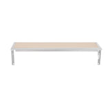 A simple wall-mounted shelf with a rectangular light wood surface and stainless steel brackets and frame, shown against a plain white background. The design is minimalist and functional.