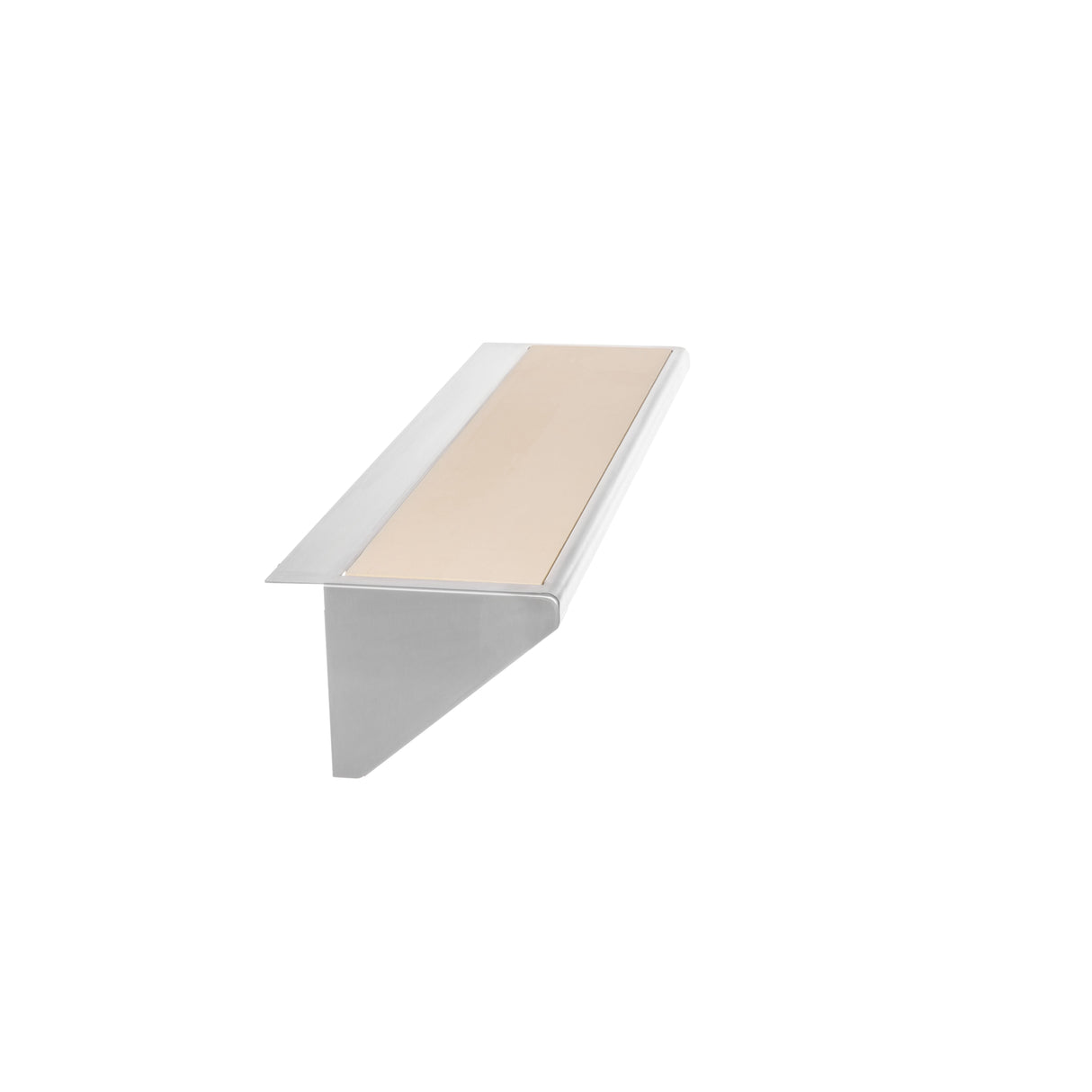 A silver, L-shaped stainless steel bracket with a flat beige strip on top, likely used as a trim or edge protector, is shown isolated on a white background. The bracket has a smooth, modern design with clean lines.