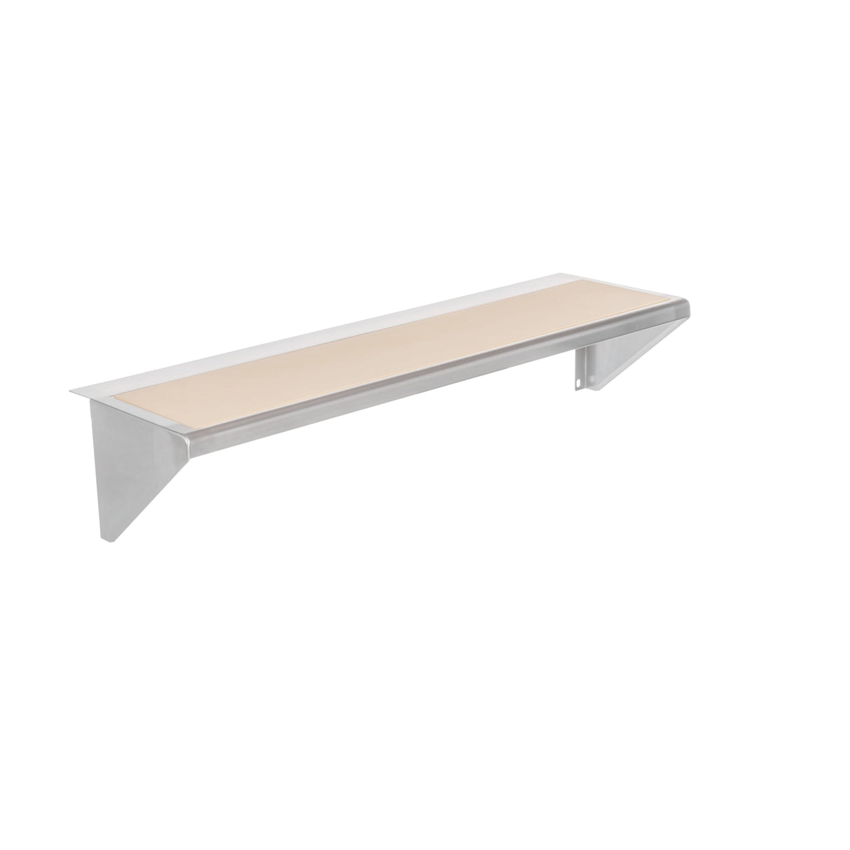 A wall-mounted shelf with a light wood surface reminiscent of a cutting board and metal brackets underneath, photographed against a white background. The design appears minimalist and modern, with clean lines and a sturdy structure.