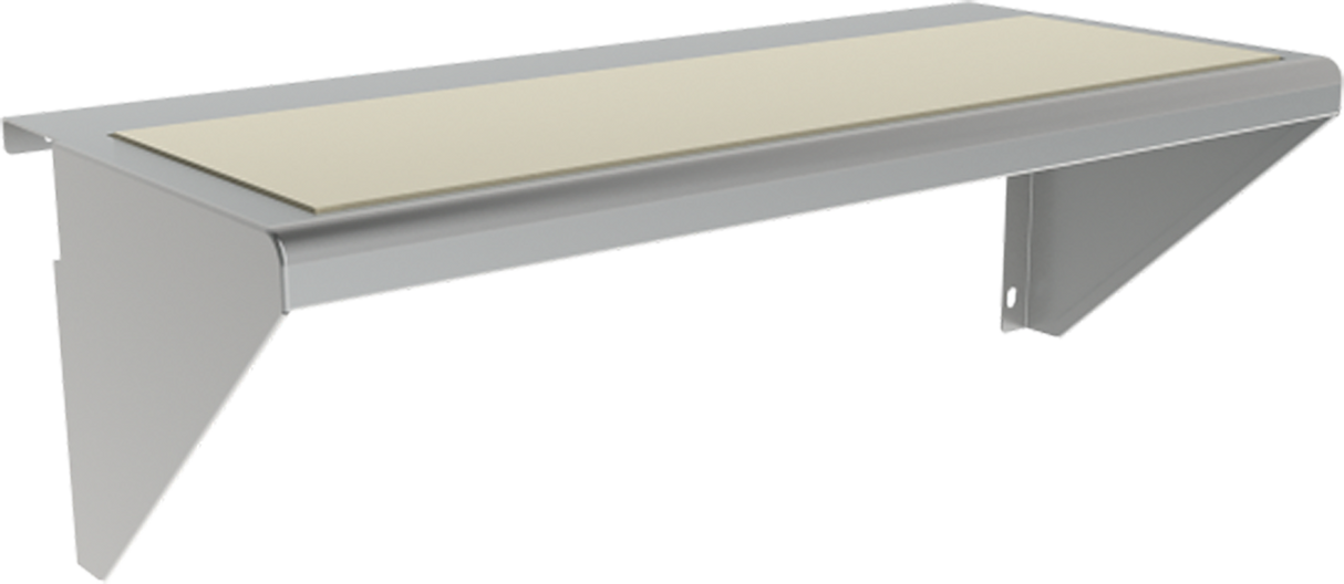A wall-mounted silver metal shelf with a light beige rectangular Sani-Tuff cutting board surface. The shelf features two angled triangular side supports, a minimalist design, and a slot or hole on the right support for easy mounting.