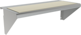 A wall-mounted silver metal shelf with a light beige rectangular Sani-Tuff cutting board surface. The shelf features two angled triangular side supports, a minimalist design, and a slot or hole on the right support for easy mounting.