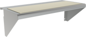 A wall-mounted silver metal shelf with a light beige rectangular Sani-Tuff cutting board surface. The shelf features two angled triangular side supports, a minimalist design, and a slot or hole on the right support for easy mounting.
