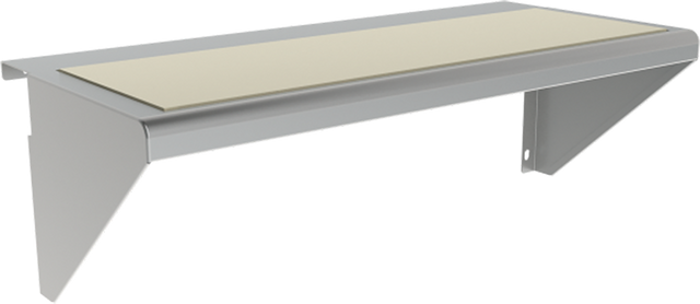 A wall-mounted silver metal shelf with a light beige rectangular Sani-Tuff cutting board surface. The shelf features two angled triangular side supports, a minimalist design, and a slot or hole on the right support for easy mounting.