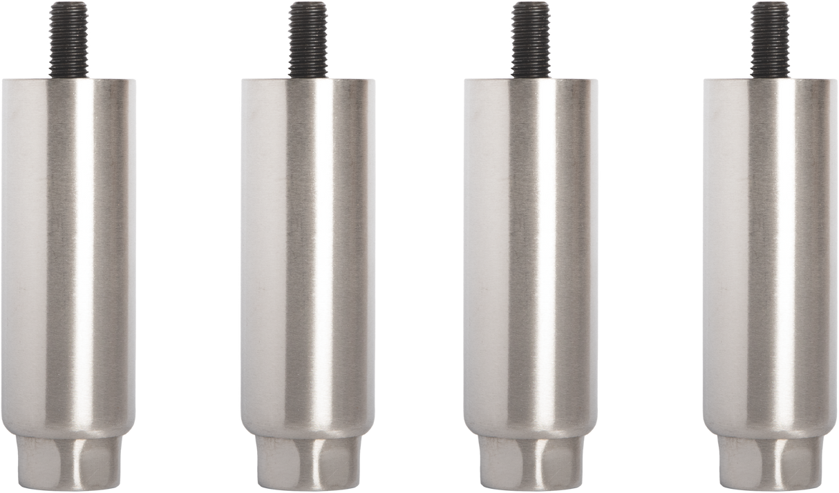 Four identical Vulcan cylindrical metal furniture legs, model LEGS-GRD6, are shown upright in a row. Each 6" leg is silver with a smooth finish and has a black threaded screw on top for attachment. The background is plain and light-colored.