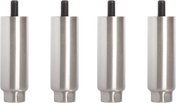 Four identical Vulcan cylindrical metal furniture legs, model LEGS-GRD6, are shown upright in a row. Each 6" leg is silver with a smooth finish and has a black threaded screw on top for attachment. The background is plain and light-colored.