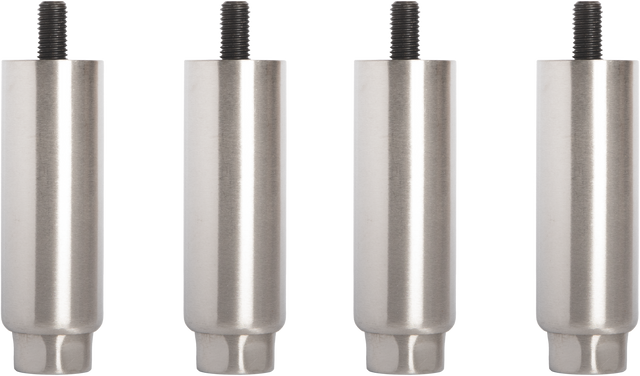 Four identical Vulcan cylindrical metal furniture legs, model LEGS-GRD6, are shown upright in a row. Each 6" leg is silver with a smooth finish and has a black threaded screw on top for attachment. The background is plain and light-colored.