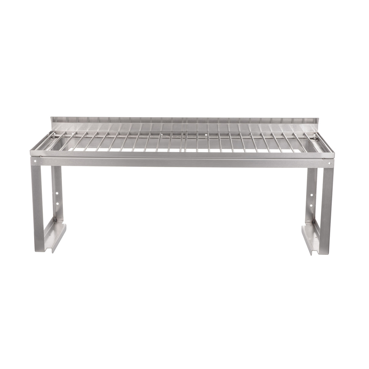 A Vulcan stainless steel overshelf features a flat rectangular surface, supported by sturdy metal legs and a raised back lip. The removable wire rack grid design offers airflow, giving it a modern, industrial look.