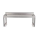 A Vulcan stainless steel overshelf features a flat rectangular surface, supported by sturdy metal legs and a raised back lip. The removable wire rack grid design offers airflow, giving it a modern, industrial look.