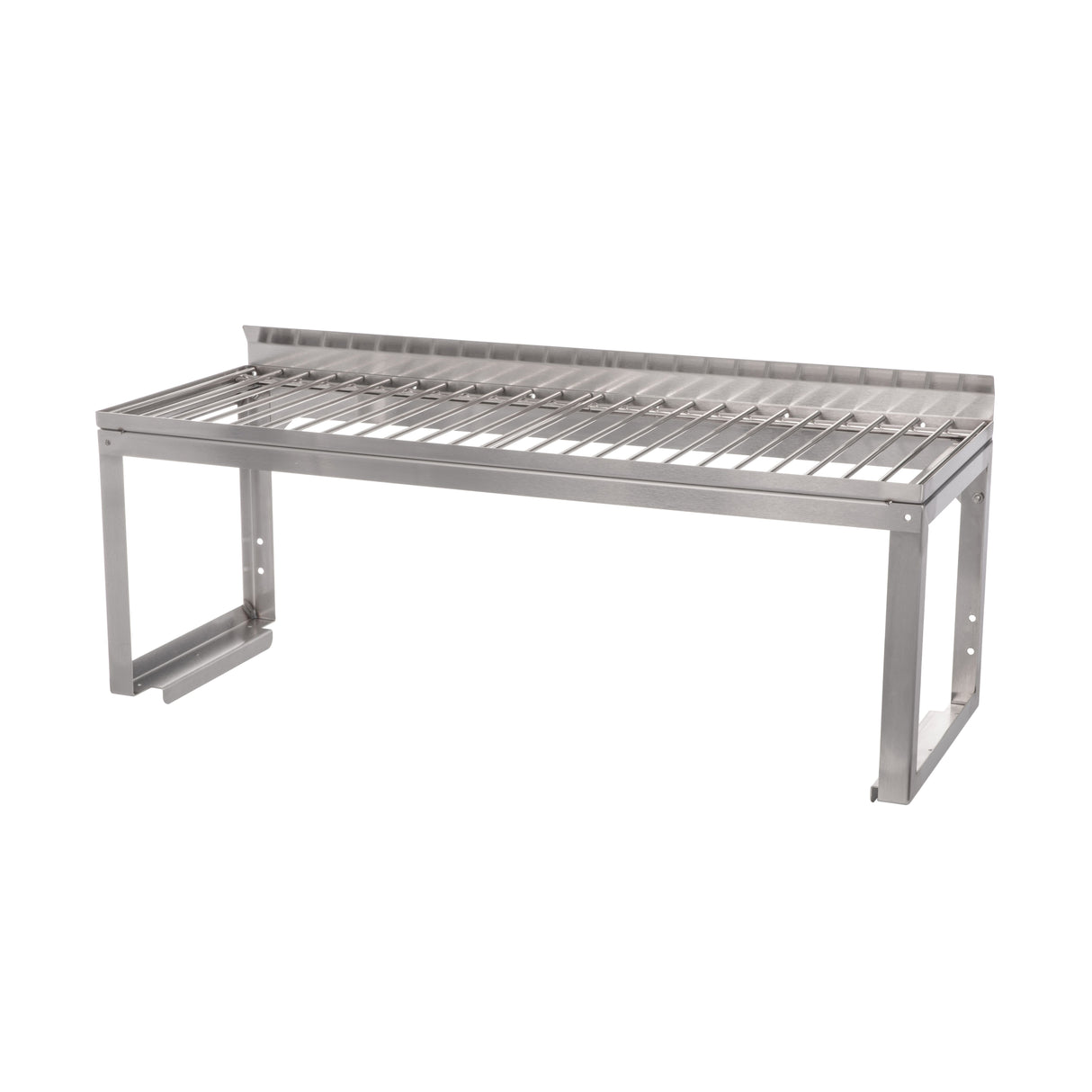 A stainless steel Vulcan wall-mounted overshelf with a slatted surface and a raised back edge. The angular, sturdy support brackets attach beneath each side. This industrial, durable design is ideal for kitchens or workspaces and features a removable wire rack.