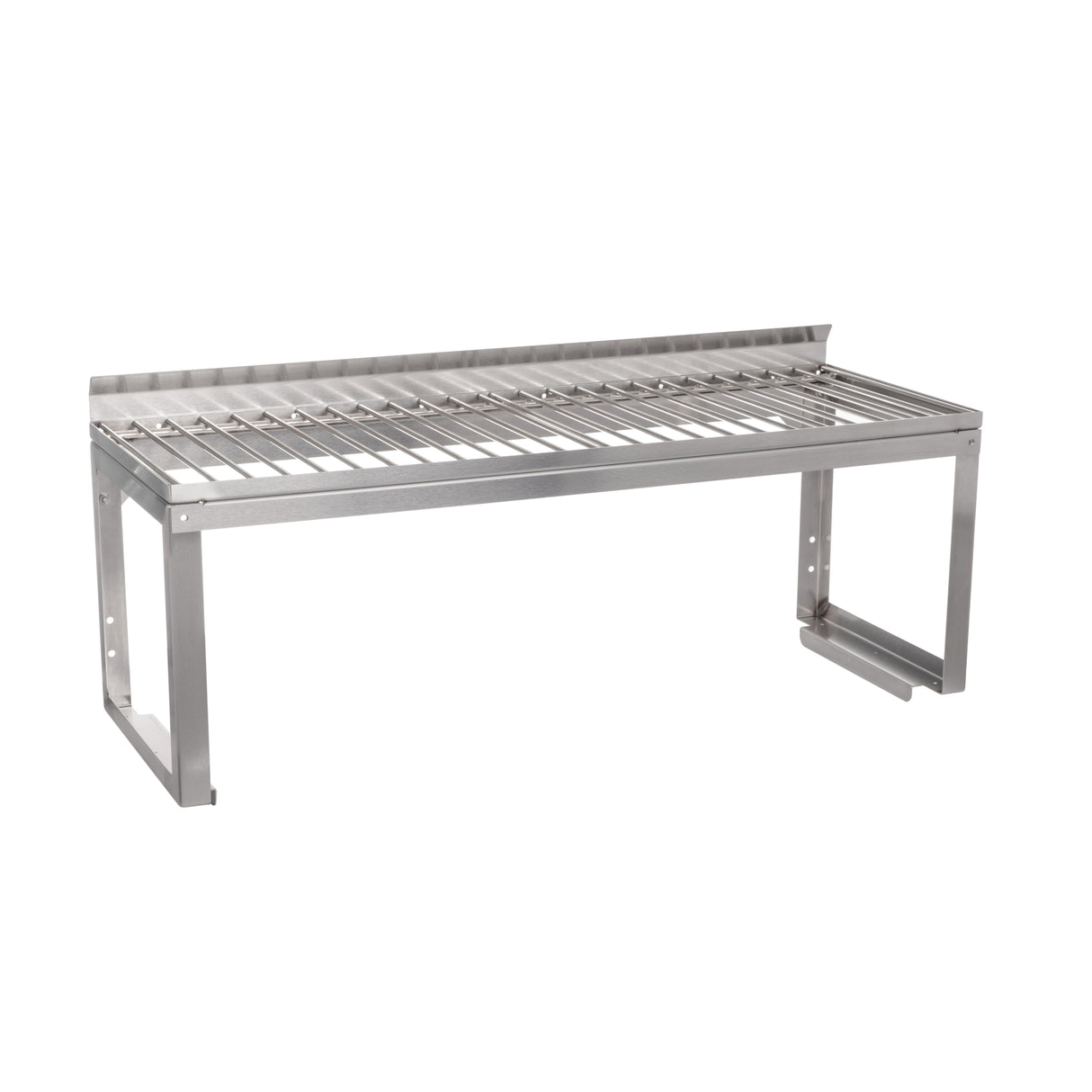 A Vulcan stainless steel wall-mounted overshelf with a slatted design features horizontal bars as the shelf surface, a raised back edge, and rectangular legs with mounting brackets; includes an optional removable wire rack for added versatility.