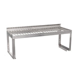 A Vulcan stainless steel wall-mounted overshelf with a slatted design features horizontal bars as the shelf surface, a raised back edge, and rectangular legs with mounting brackets; includes an optional removable wire rack for added versatility.