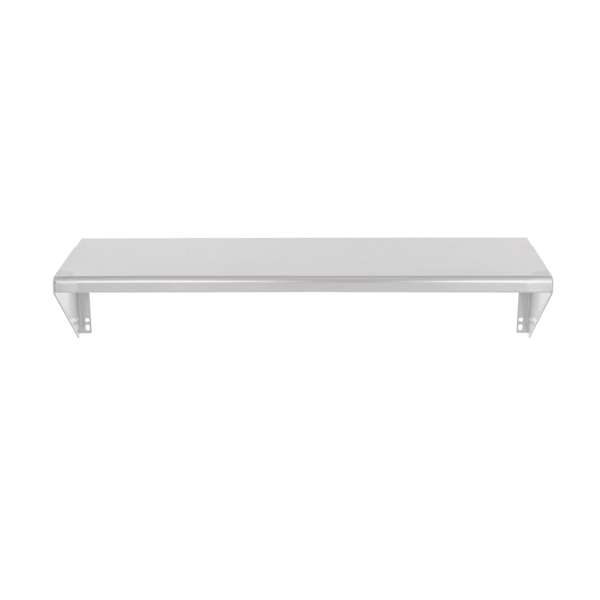 A Vulcan stainless steel plate rail wall shelf with a flat rectangular surface and two angled brackets on each end. Photographed against a plain white background, it highlights the shelf’s minimalist and utilitarian design.