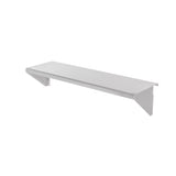 A simple, modern, wall-mounted shelf made of smooth stainless steel with two triangular metal brackets supporting the flat rectangular surface, set against a plain white background.