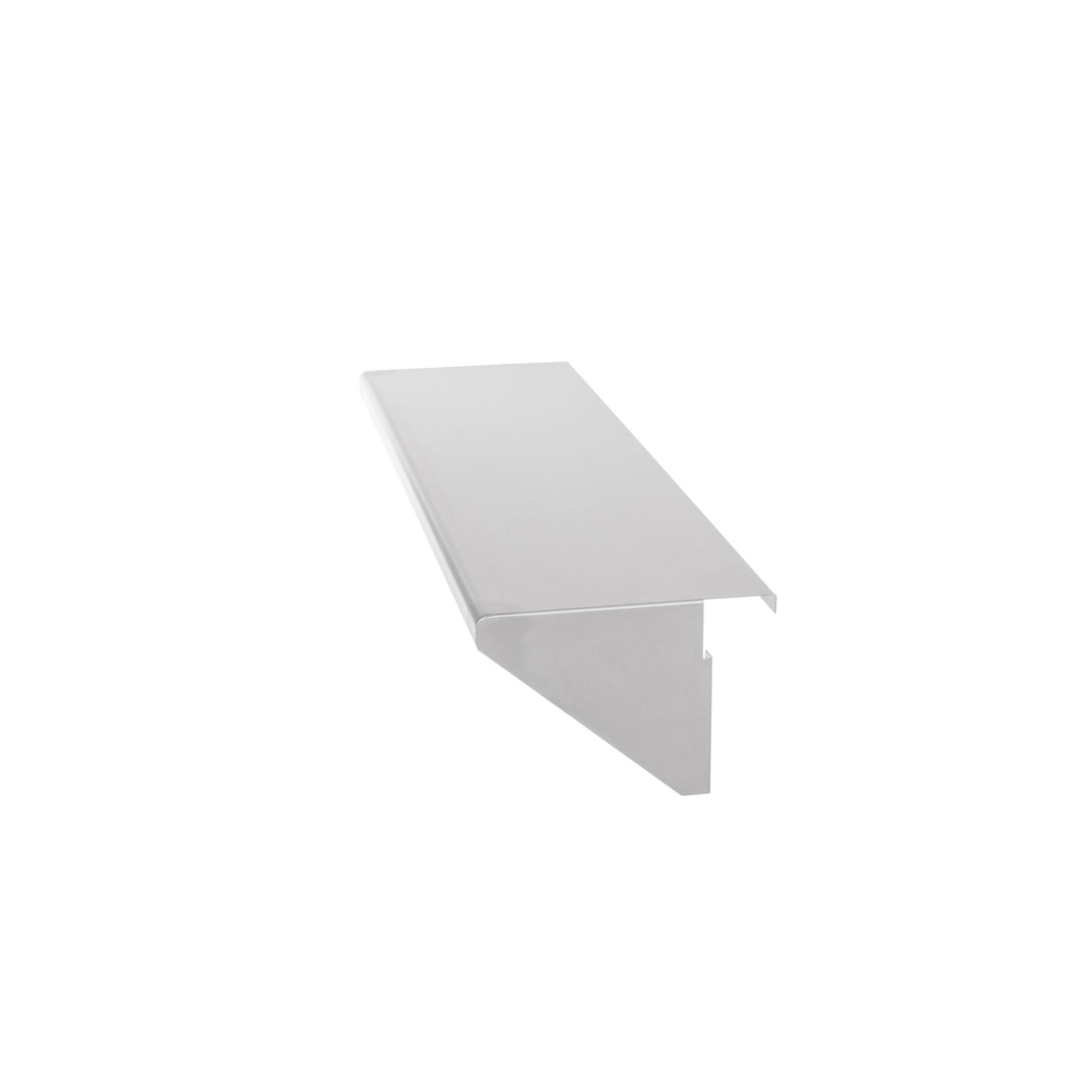 A single, stainless steel stair nosing with a flat top surface and a downward lip, designed for installation on the edge of a stair for added safety and durability. The Vulcan nosing is isolated on a plain white background.