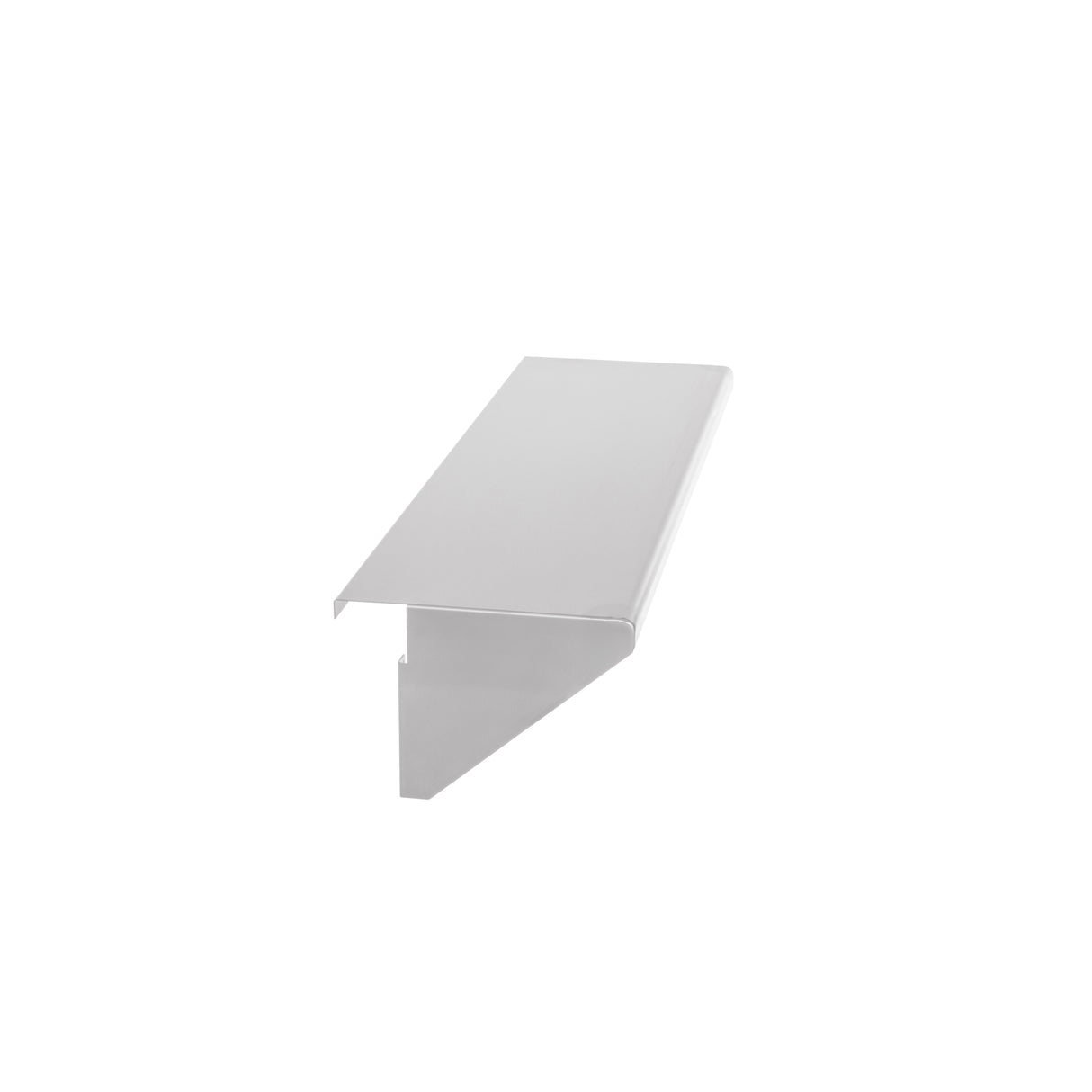 A white metal L-shaped bracket with a flat top surface and a downward-facing angled support, isolated on a plain white background. Made from stainless steel, its minimalistic design is ideal for shelving, plate rail, or support purposes.