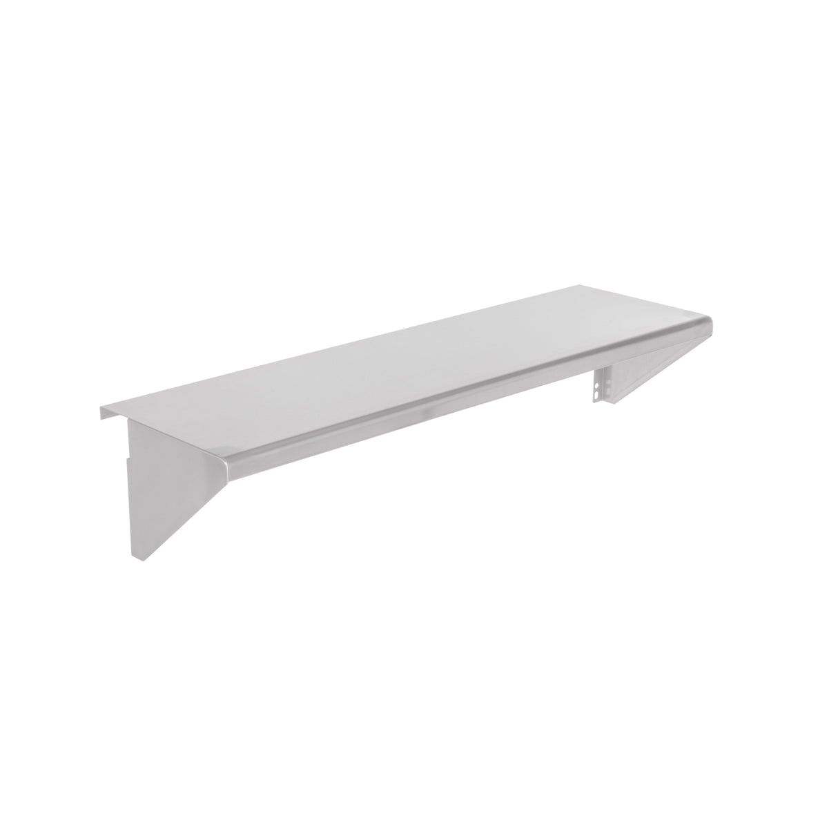 A plain, wall-mounted Vulcan stainless steel shelf with angled supports underneath is photographed on a white background. The design is simple and modern, featuring clean lines and a smooth metallic finish—ideal as a sleek plate rail.