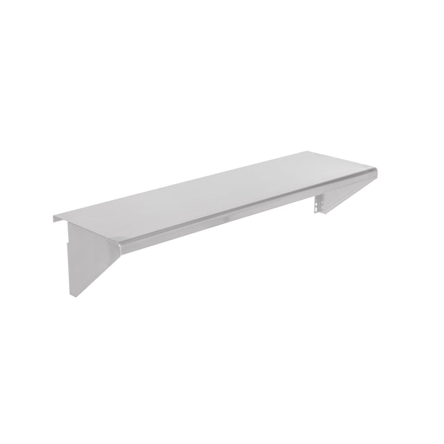 A plain, wall-mounted Vulcan stainless steel shelf with angled supports underneath is photographed on a white background. The design is simple and modern, featuring clean lines and a smooth metallic finish—ideal as a sleek plate rail.