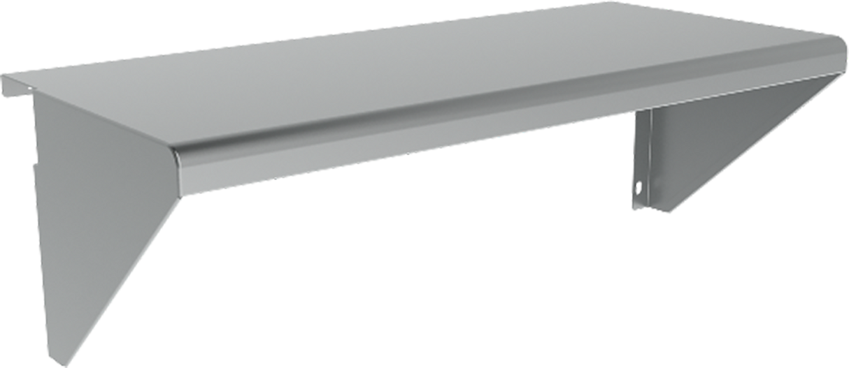 A plain, stainless steel wall shelf with two triangular side brackets for support. The flat, smooth surface resembles a plate rail and is mounted horizontally, with visible screw holes on the Vulcan brackets for wall attachment.