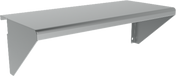 A plain, stainless steel wall shelf with two triangular side brackets for support. The flat, smooth surface resembles a plate rail and is mounted horizontally, with visible screw holes on the Vulcan brackets for wall attachment.