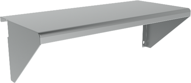 A plain, stainless steel wall shelf with two triangular side brackets for support. The flat, smooth surface resembles a plate rail and is mounted horizontally, with visible screw holes on the Vulcan brackets for wall attachment.