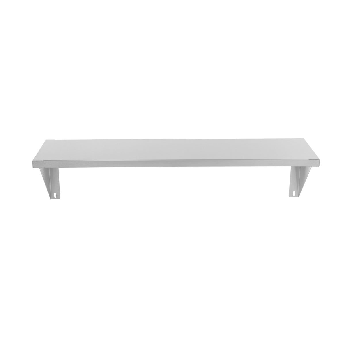A simple, wall-mounted 36 inch stainless steel shelf with a flat rectangular surface and two angled support brackets underneath, set against a plain white background. The shelf features a minimalist, industrial design.