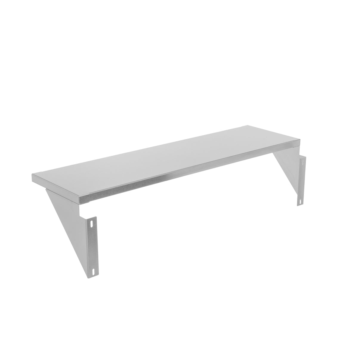 A 36 inch stainless steel wall shelf with a smooth, rectangular surface and two triangular brackets for mounting, shown against a plain white background. The simple industrial design includes visible screw holes and an integrated plate rail.