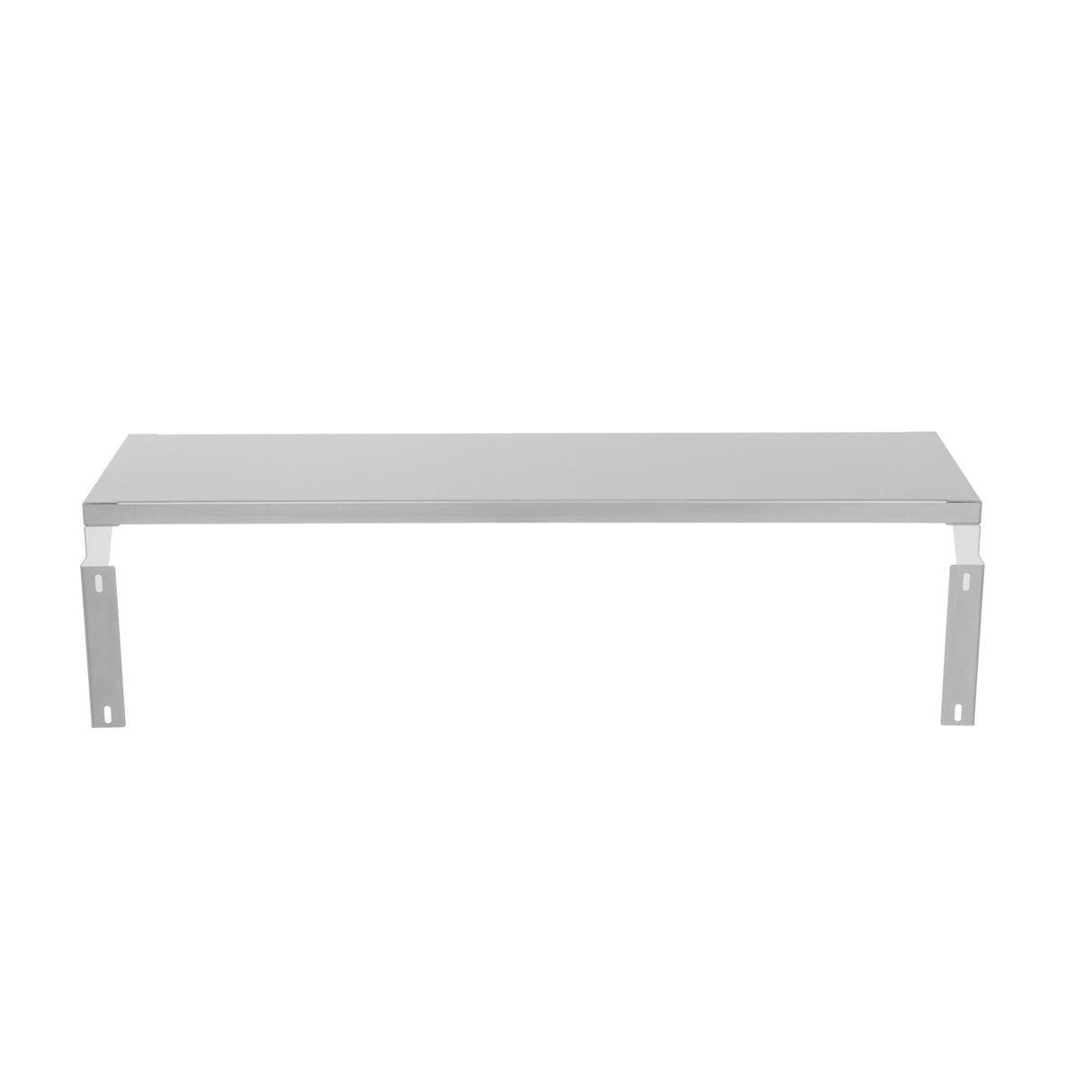 A simple, rectangular 36 inch stainless steel wall shelf with a flat surface and two vertical support brackets on each side, each bracket featuring holes for mounting. The shelf includes a plate rail and is photographed against a plain white background.