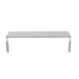 A simple, rectangular 36 inch stainless steel wall shelf with a flat surface and two vertical support brackets on each side, each bracket featuring holes for mounting. The shelf includes a plate rail and is photographed against a plain white background.