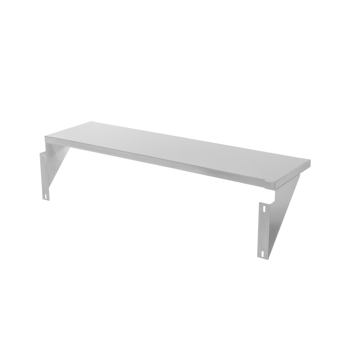 A simple stainless steel wall shelf with a flat rectangular surface and two triangular side brackets for mounting. This sturdy, 36 inch plate rail is silver-gray and minimalistic, ideal for securely holding items against a plain white background.
