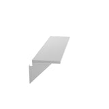 A plain, rectangular white shelf is mounted on a white wall. A diagonal white support bracket beneath the 36 inch shelf offers stability, while the minimalistic background highlights its clean look—ideal for use as a plate rail in modern spaces.