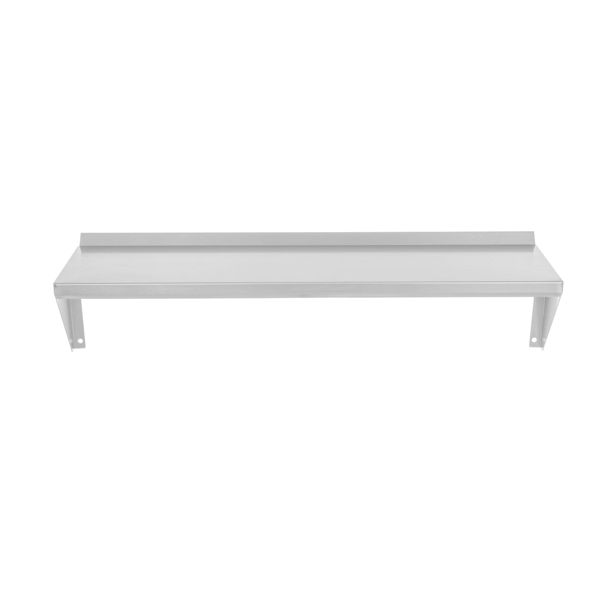 A plain, rectangular 36" stainless steel wall shelf with a raised back edge and flat surface, shown against a white background. The shelf features two angled supports with holes for wall mounting—a minimal, industrial design ideal as a Vulcan plate rail.