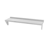 A minimalistic and functional Vulcan plate rail, this 36" stainless steel wall-mounted shelf features a flat surface with a raised back edge, supported by two triangular brackets and pre-drilled holes for easy mounting. Ideal for organized storage.