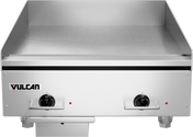 A heavy duty electric countertop griddle with raised sides, two front control knobs, indicator lights, and the Vulcan brand on the front left panel. The polished steel griddle surface is clean and empty.