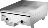 A heavy duty griddle with a polished steel cooking surface, two control knobs, indicator lights, the Vulcan logo on the front, a drip tray below the controls, and four sturdy legs—ideal as an electric countertop griddle for professional kitchen use.