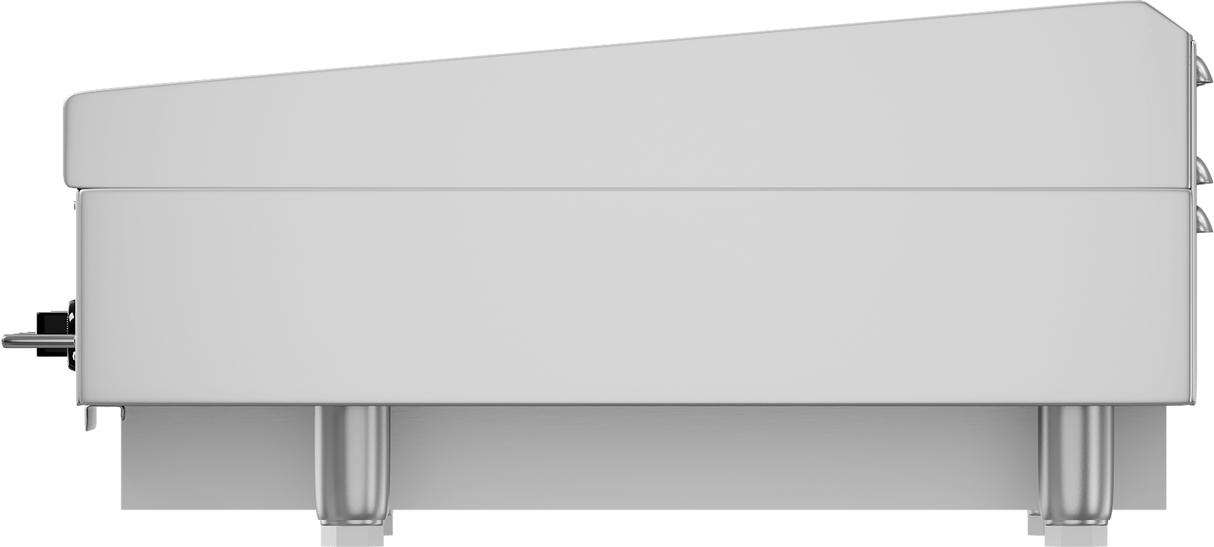 Side view of a modern, minimalist white grand piano with three metal pedals and sleek, rectangular legs. Its contemporary design and clean lines evoke the refined look of a polished steel griddle—streamlined, functional, and elegant.