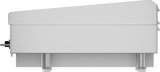 Side view of a modern, minimalist white grand piano with three metal pedals and sleek, rectangular legs. Its contemporary design and clean lines evoke the refined look of a polished steel griddle—streamlined, functional, and elegant.