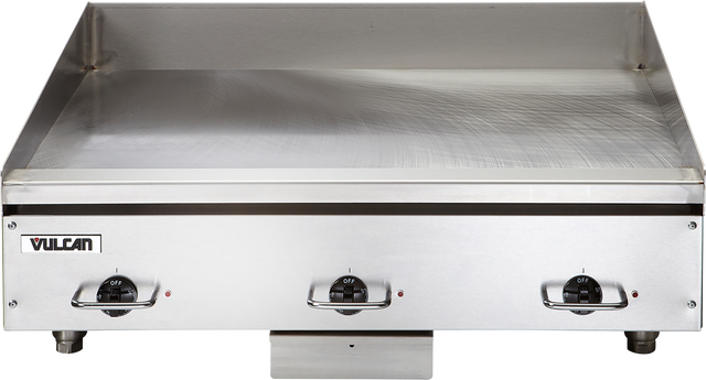 A heavy duty, 36 inch electric countertop griddle with three “OFF” control knobs, a flat cooking surface, a raised backsplash, and a front-facing panel featuring the “Vulcan” brand logo on the left side.