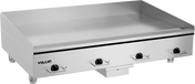 A large commercial 48 inch heavy duty griddle with four black control knobs, indicator lights, and a raised back and sides. The Vulcan brand name appears on the lower left front panel. The flat surface is spacious, ideal for professional kitchen use.