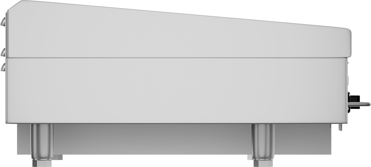 A side view of a modern, minimalist grand piano with a closed lid. The piano is white, has sleek, clean lines, and is elevated on metallic cylindrical legs reminiscent of a polished steel griddle plate. Pedals and controls peek beneath the piano body.