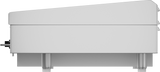 A side view of a sleek, modern printer with a minimalist design, reminiscent of a polished steel griddle. The light gray printer stands on four short legs with buttons and ports on the right and a power socket on the left side.