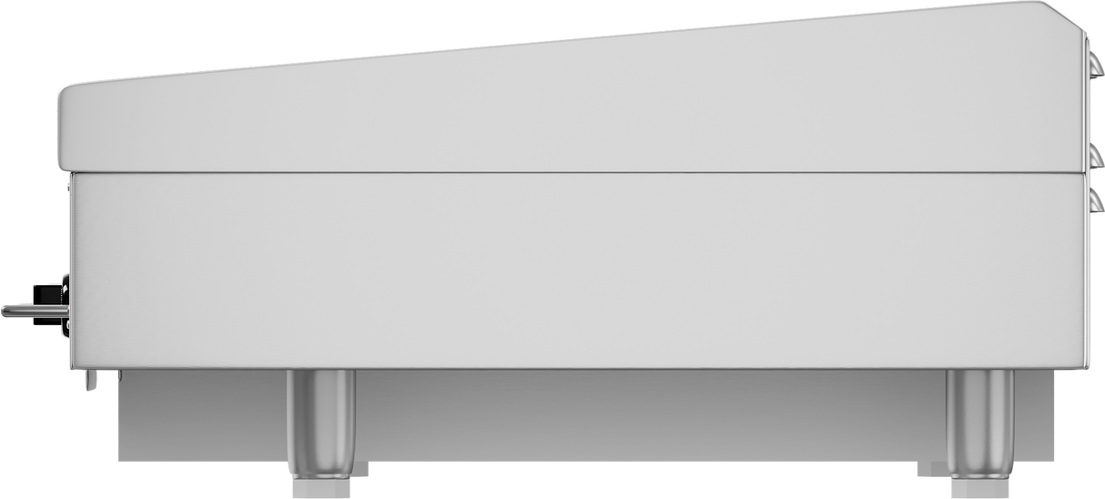 Side view of a modern, rectangular electric countertop griddle with four short legs. The slanted top features a polished steel griddle plate. A few buttons or ports are on the right edge, while a black connector is attached to the left side. White background.