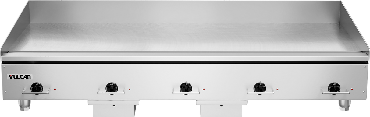 A stainless steel Heavy Duty Griddle with a 60" cooking surface, four black control knobs, indicator lights on the front panel, raised side and back splashes, and the Vulcan brand logo on the left. The electric countertop griddle is clean and unoccupied.