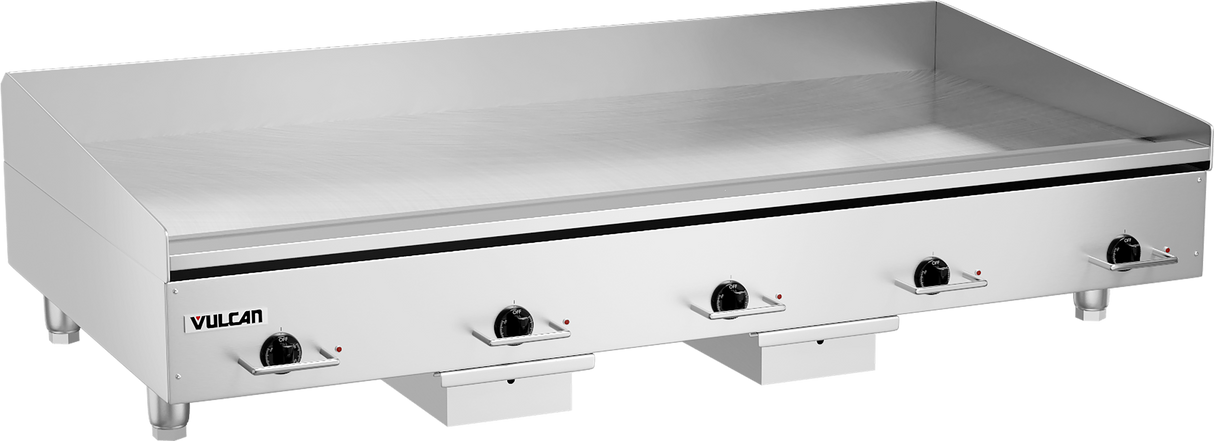 A large, heavy duty griddle, this 60 inch stainless steel electric countertop griddle features five black control knobs with red indicator lights and raised splash guards. The Vulcan logo is displayed on the front left corner.