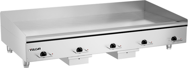 A large 60 inch heavy duty griddle with a stainless steel flat cooking surface, five black control knobs, indicator lights under each knob, and short legs. The Vulcan brand is displayed on the front left. Raised sides and a backsplash complete this electric countertop griddle.