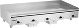 A large Vulcan electric countertop griddle with four black control knobs and indicator lights. This heavy duty griddle features a 60" cooking surface that's smooth, spacious, and surrounded by a slightly raised edge for efficient commercial cooking.