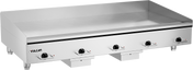 A large Vulcan electric countertop griddle with four black control knobs and indicator lights. This heavy duty griddle features a 60" cooking surface that's smooth, spacious, and surrounded by a slightly raised edge for efficient commercial cooking.