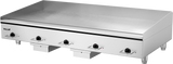 A large 60" Heavy Duty Griddle with five black control knobs and indicator lights. Its smooth, flat surface with raised sides and back is designed for high-capacity cooking in professional kitchens.