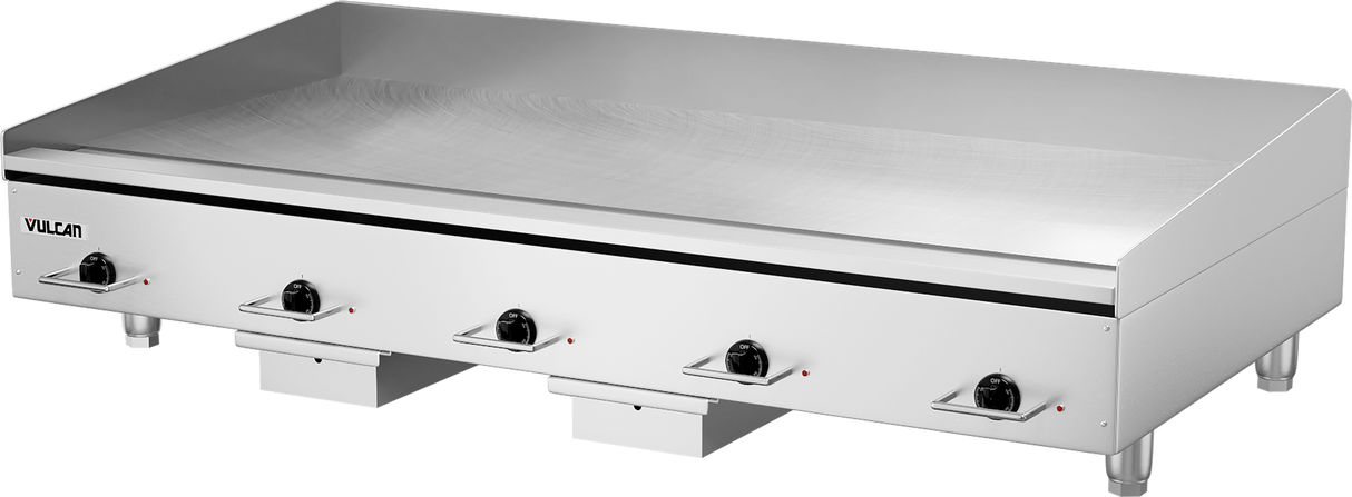 A large commercial stainless steel heavy duty griddle with four black control knobs, a slightly raised back and sides, and sturdy legs, featuring a spacious 60" cooking surface for professional kitchens. The brand name Vulcan is on the left side.